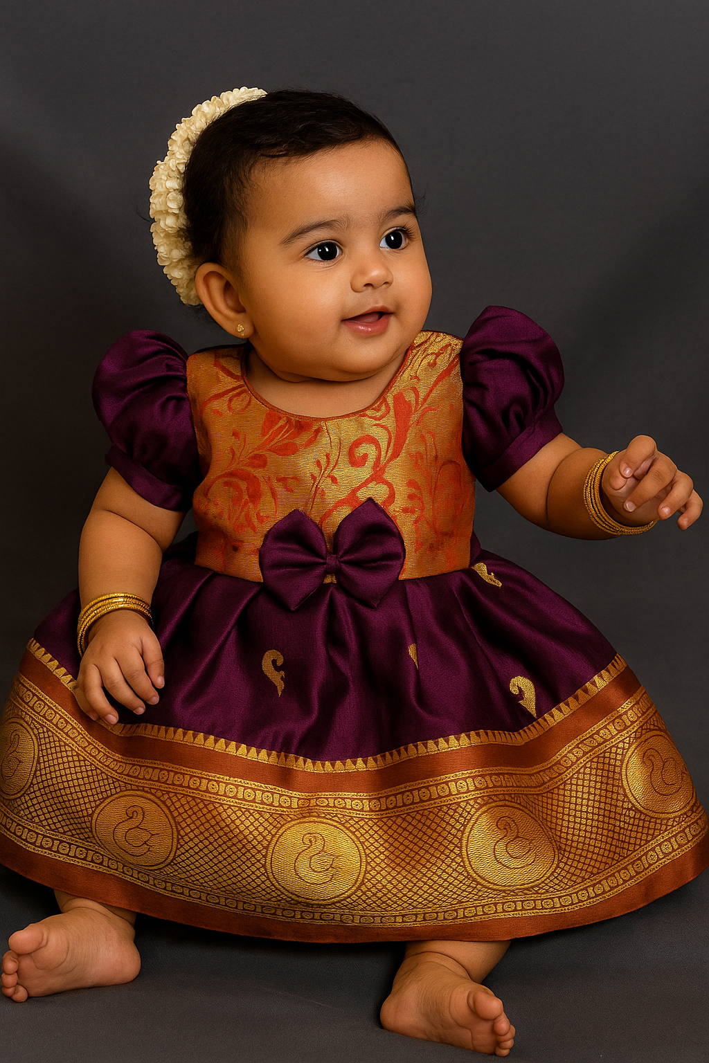 🌸 Baby Girl Traditional Frock – Wine with Orange Border
