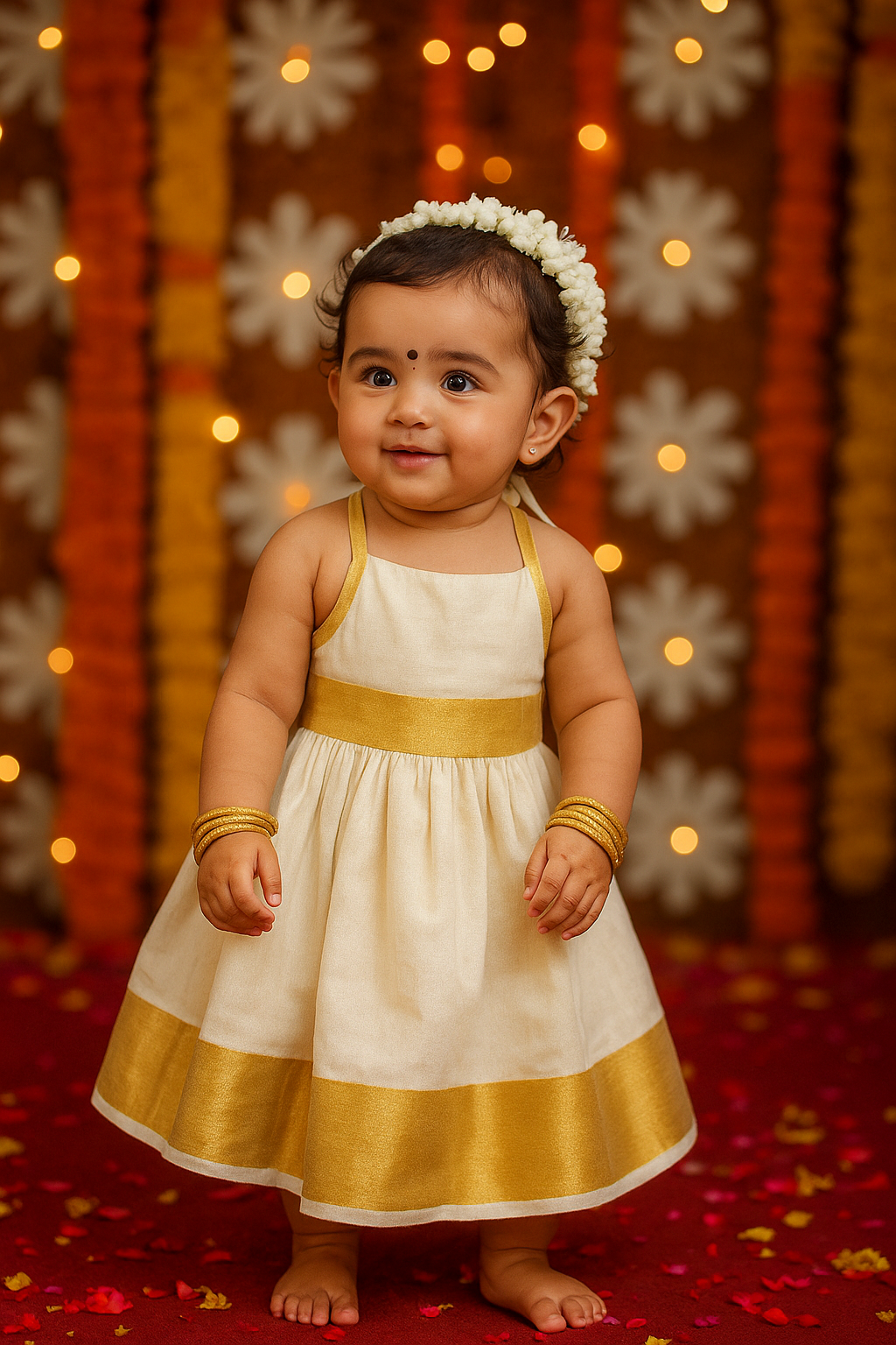 White & Gold South Style Baby Girl Sleeveless Dress