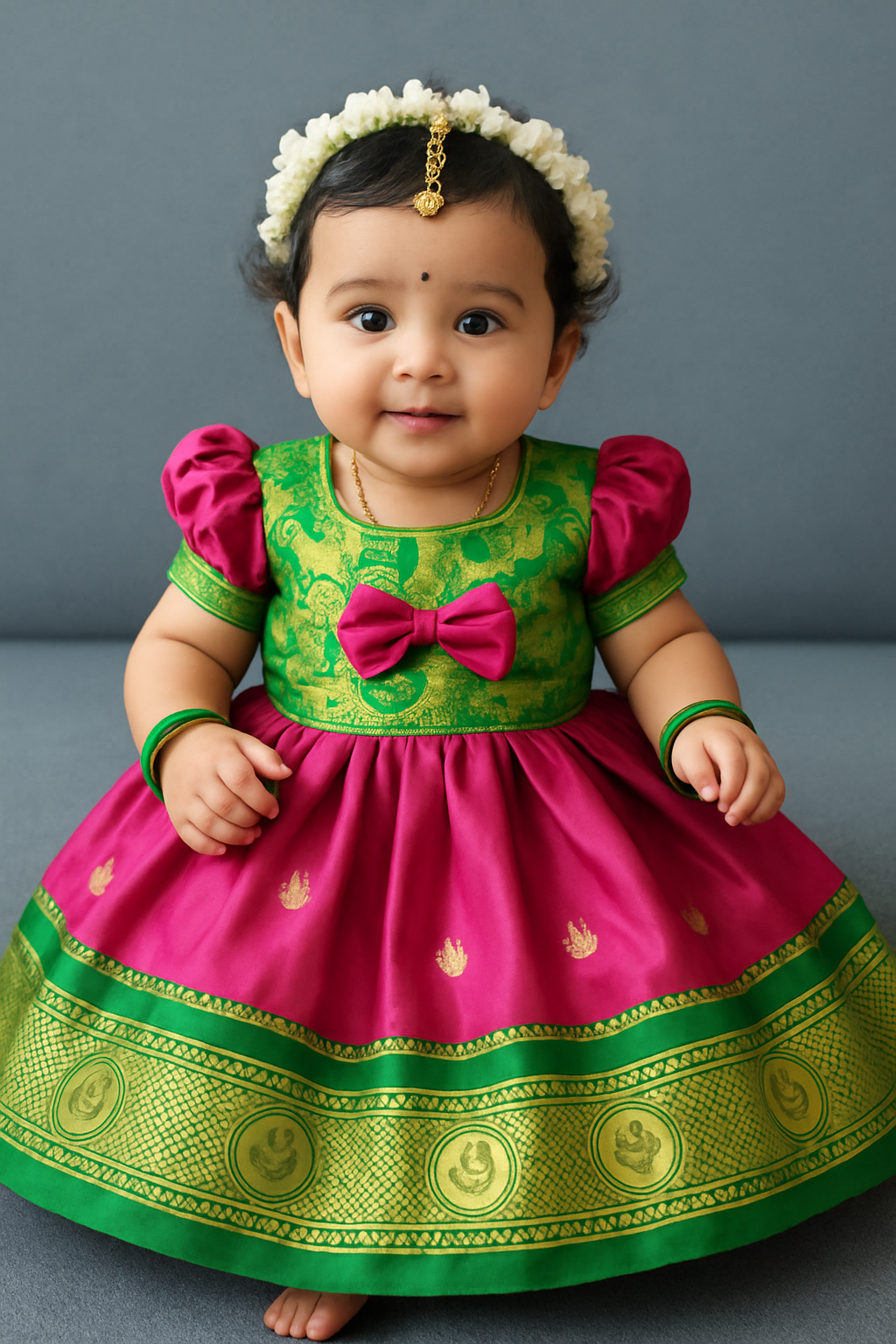 🌸 Baby Girl Traditional Frock – Green & Pink