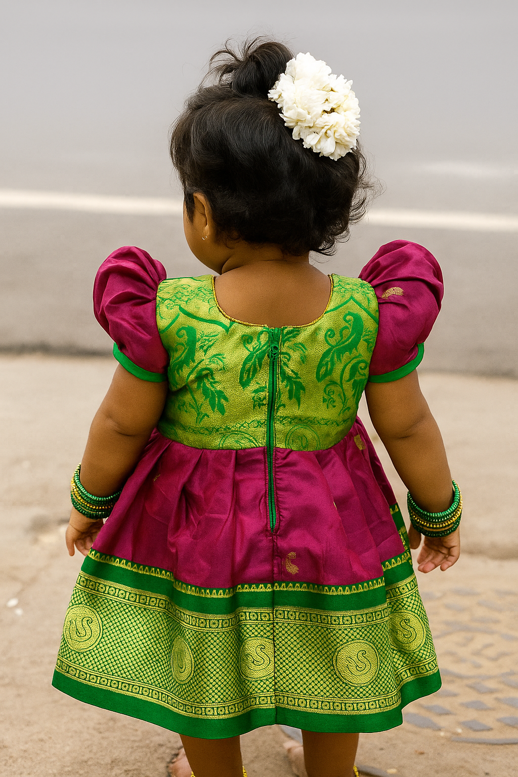 🌸 Baby Girl Traditional Frock – Green & Pink