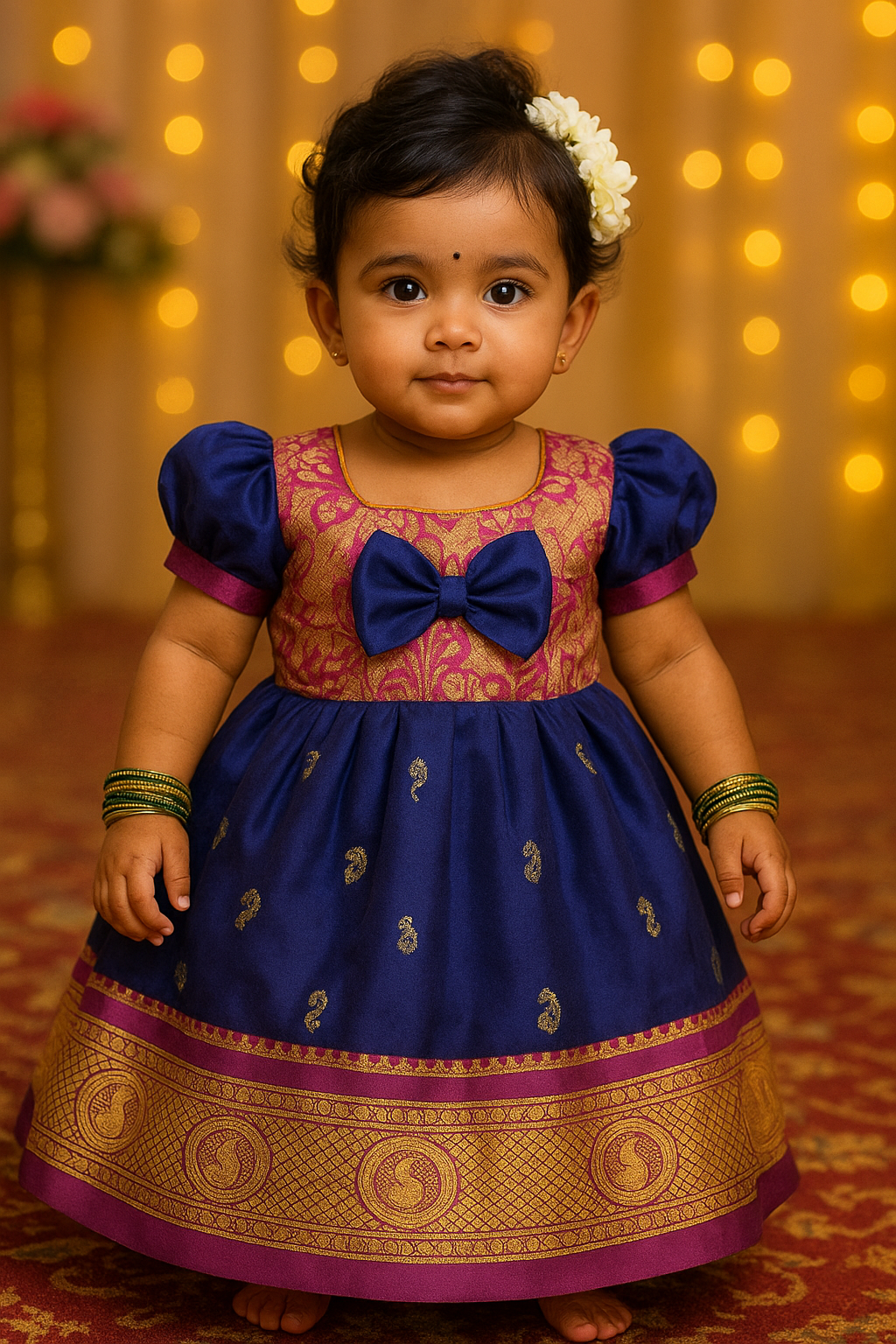 🌸 Baby Girl Traditional Frock – Navy Blue with Rani Pink Border