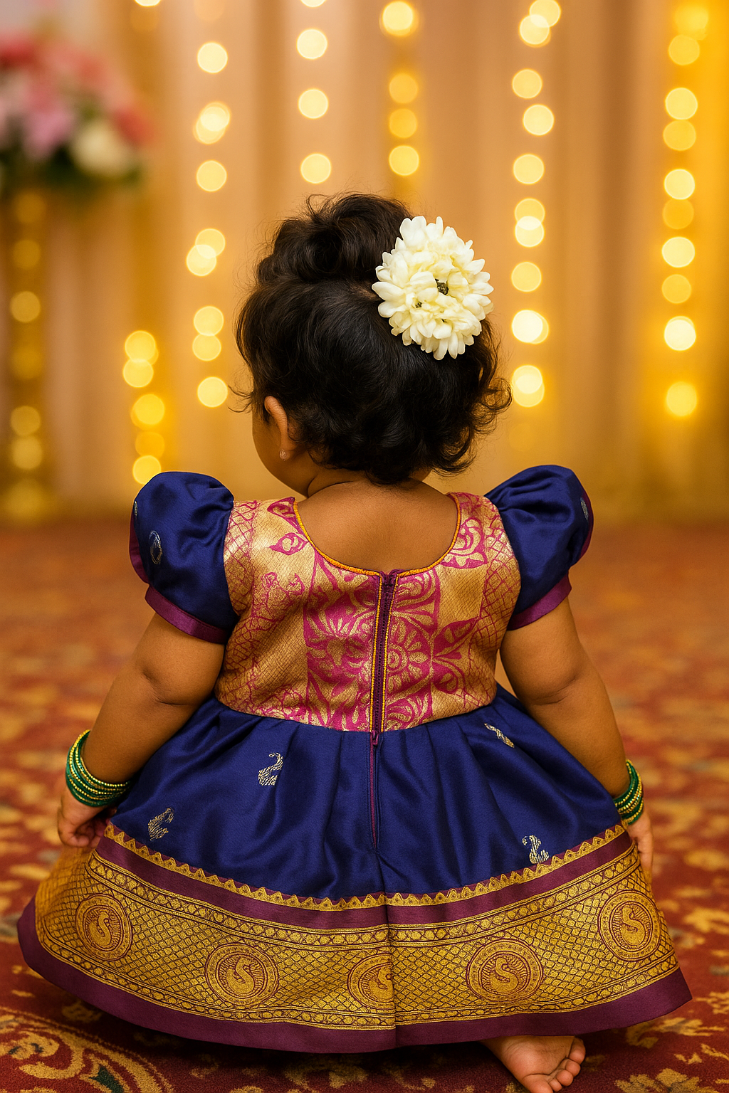 🌸 Baby Girl Traditional Frock – Navy Blue with Rani Pink Border