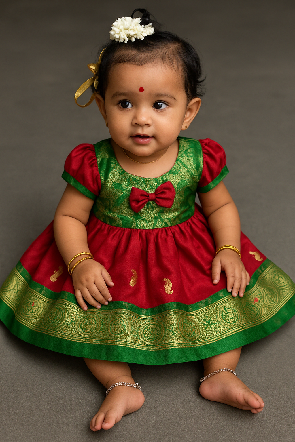 🌸 Baby Girl Ethnic Frock – Red with Green Border