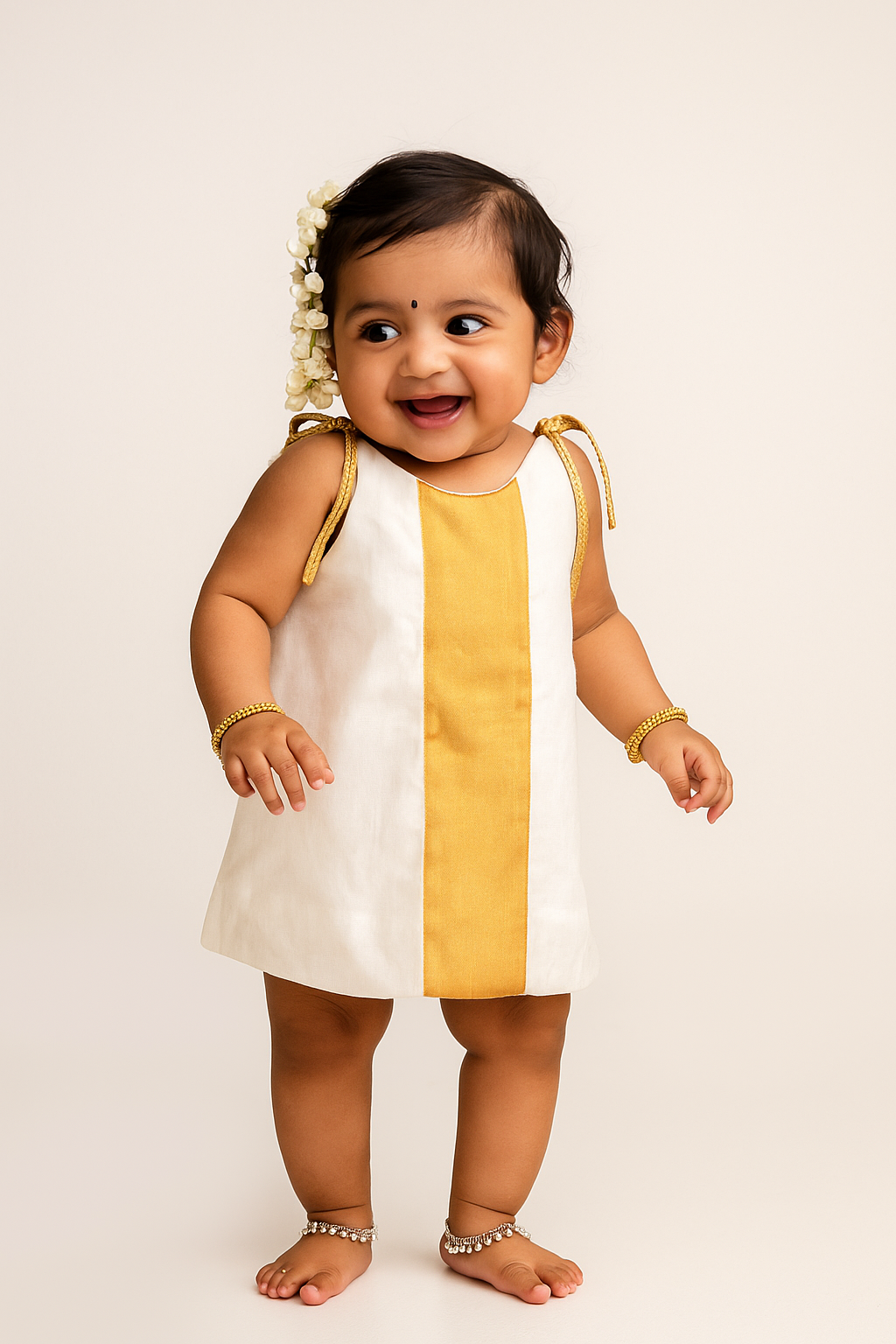🌸 Baby Girl Cotton Dress – White with Golden Vertical Strap