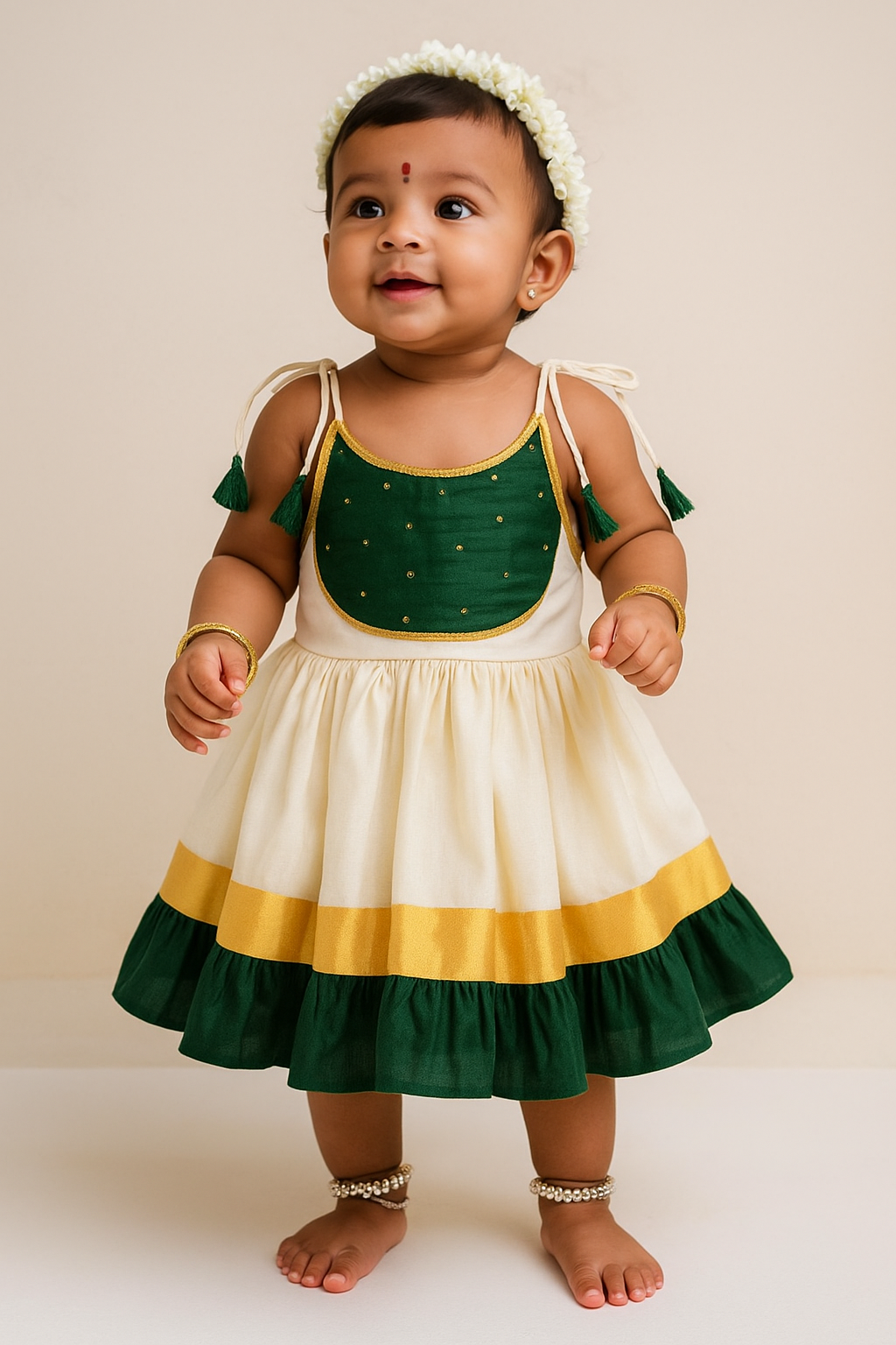 🌸 Baby Girl Traditional Frock – White with Green Border