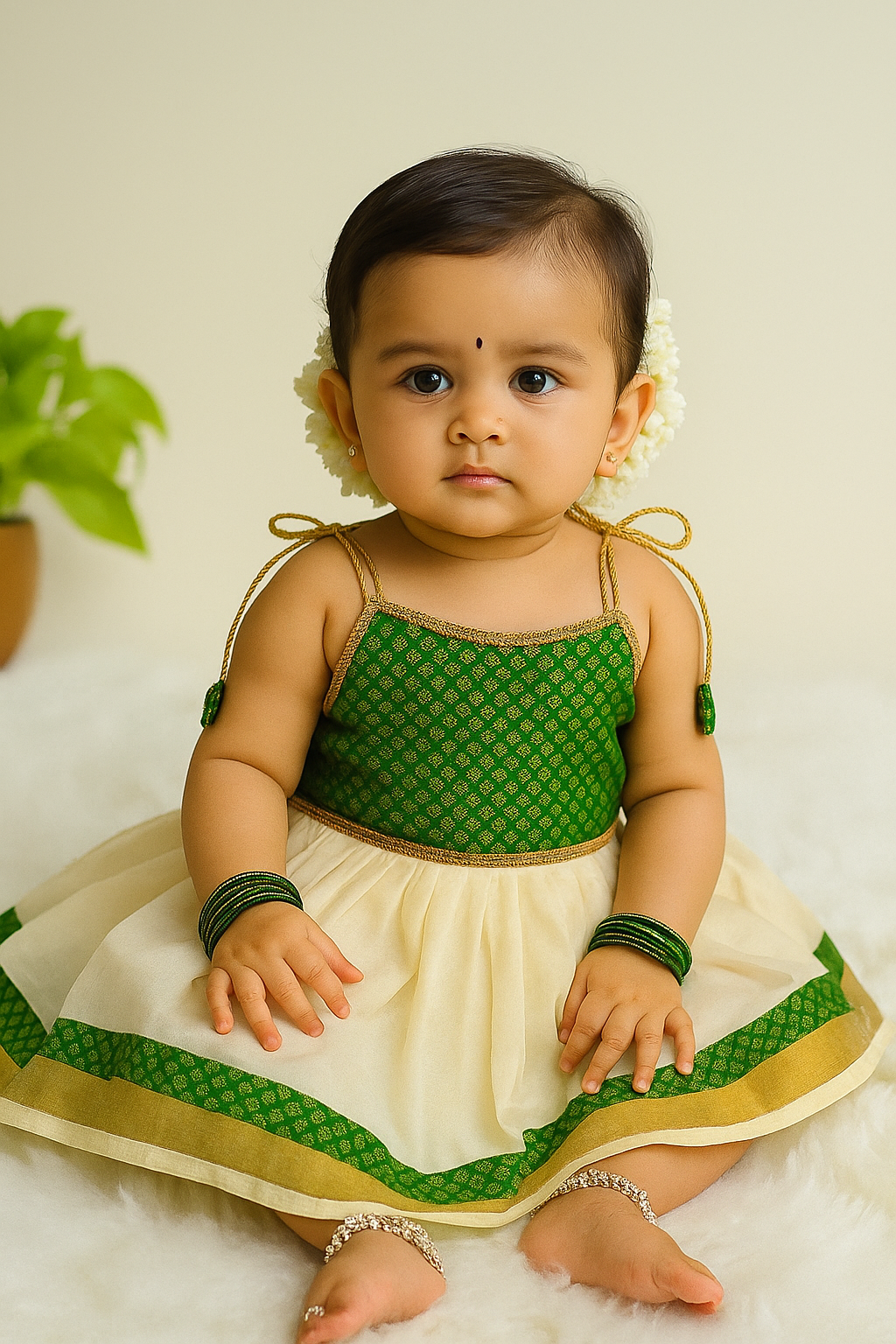 🌸 Baby Girl Ethnic Dress – White with Green Brocade