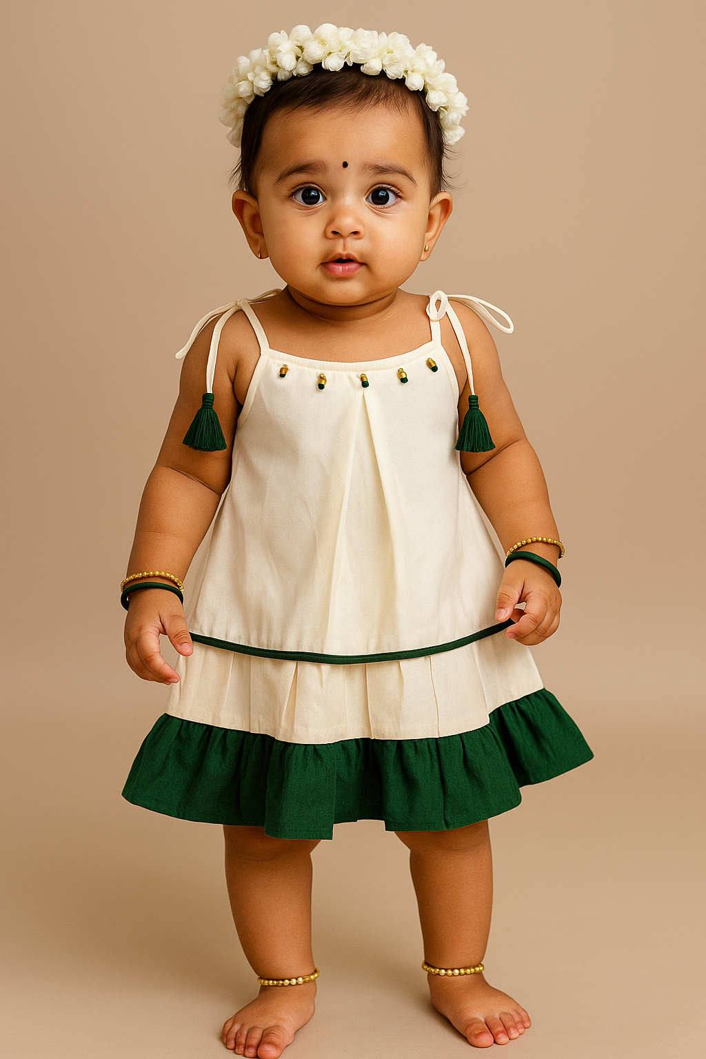 🌸 Baby Girl Pure Cotton Dress – White with Green Beads & Frill