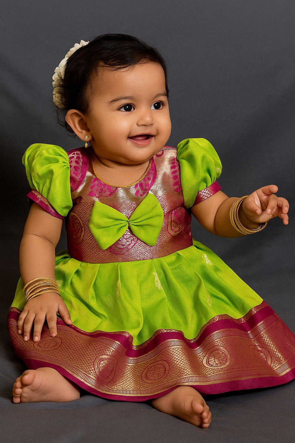 🌸 Baby Girl Ethnic Dress – Parrot Green with Pink Border