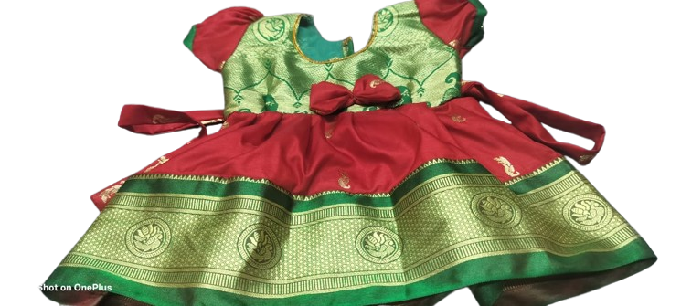 🌸 Baby Girl Ethnic Frock – Red with Green Border